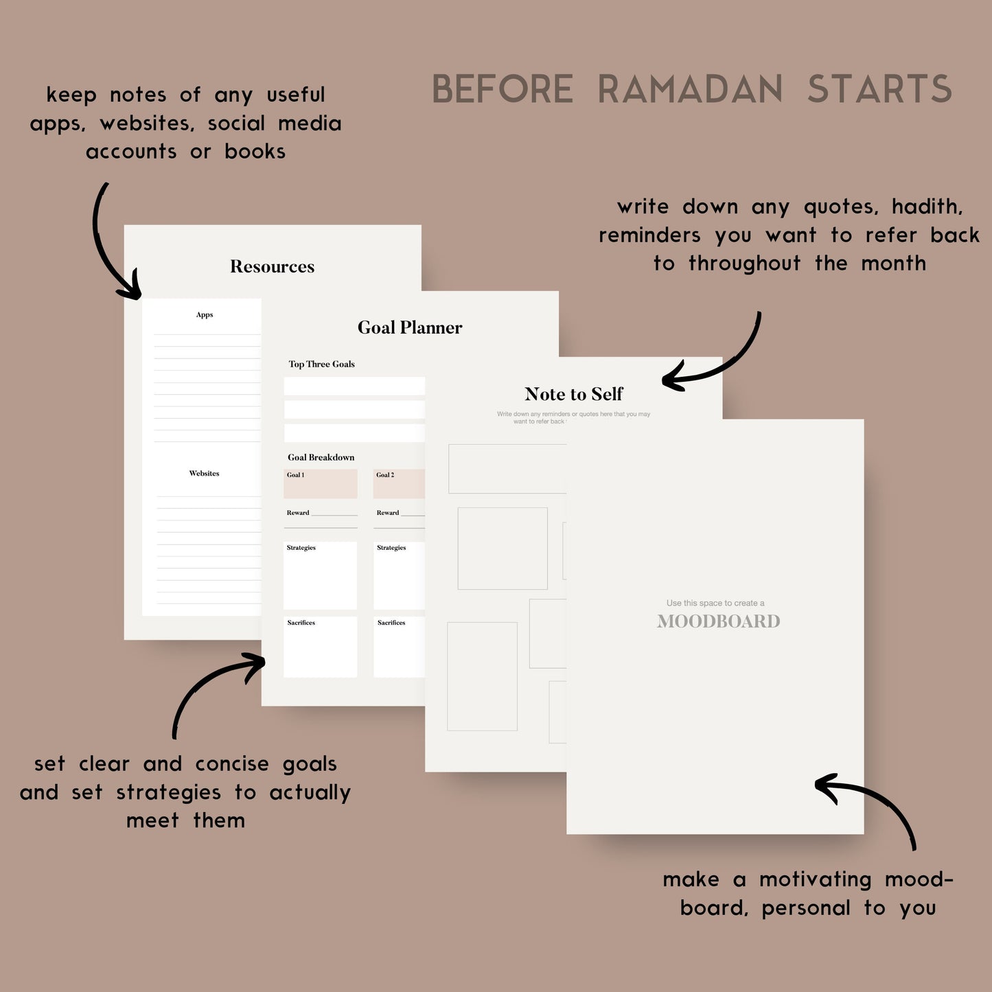 Digital Ramadan Planner *with hyperlinks* + BONUS Quran journalling template! (neutral v1), Ramadan 2023 digital download || Mon Makes