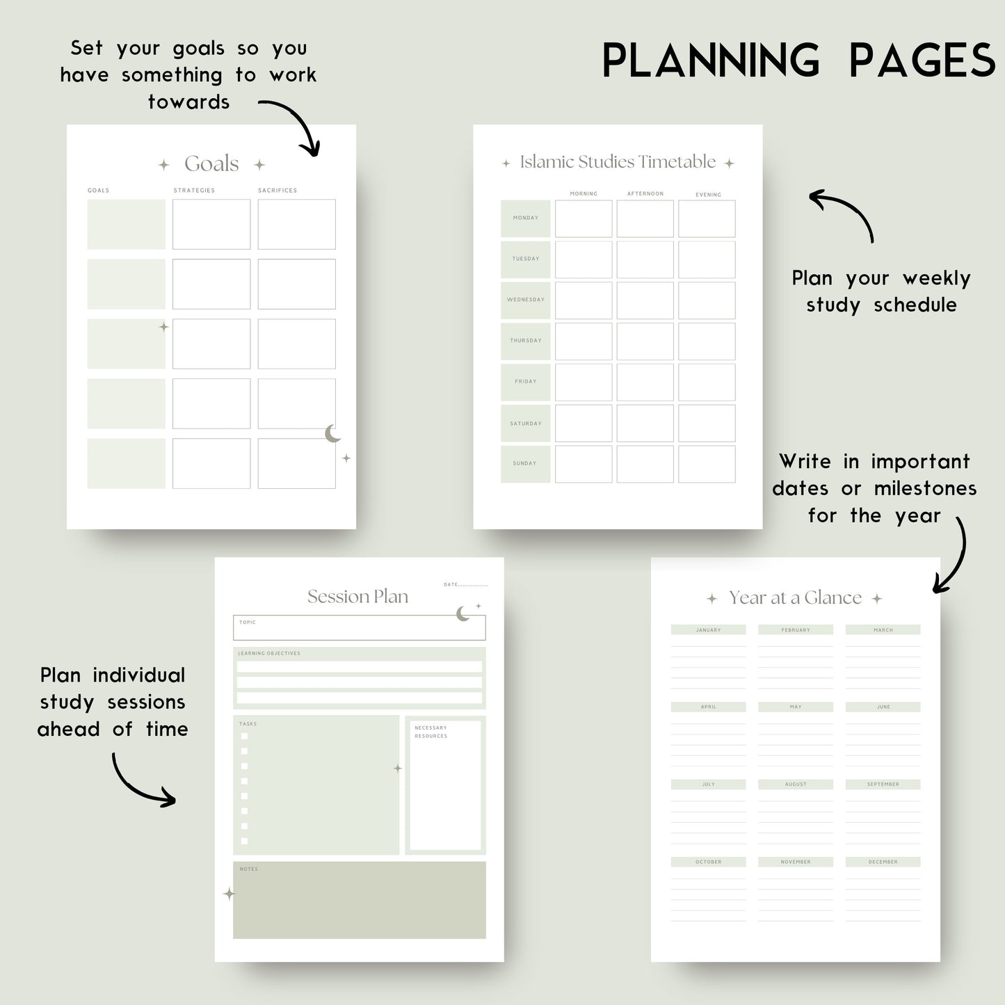 Comprehensive Islamic Study Planners/Templates Bundle in Green (digital)